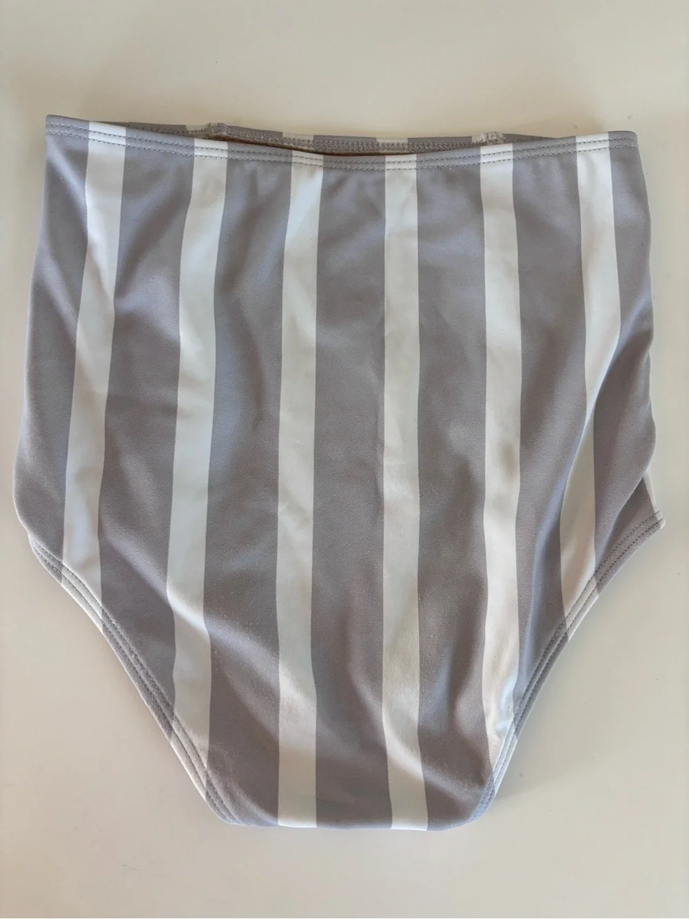 Kortni Jeane Gray & White Striped Ruffle High-Waist Swim Shorts